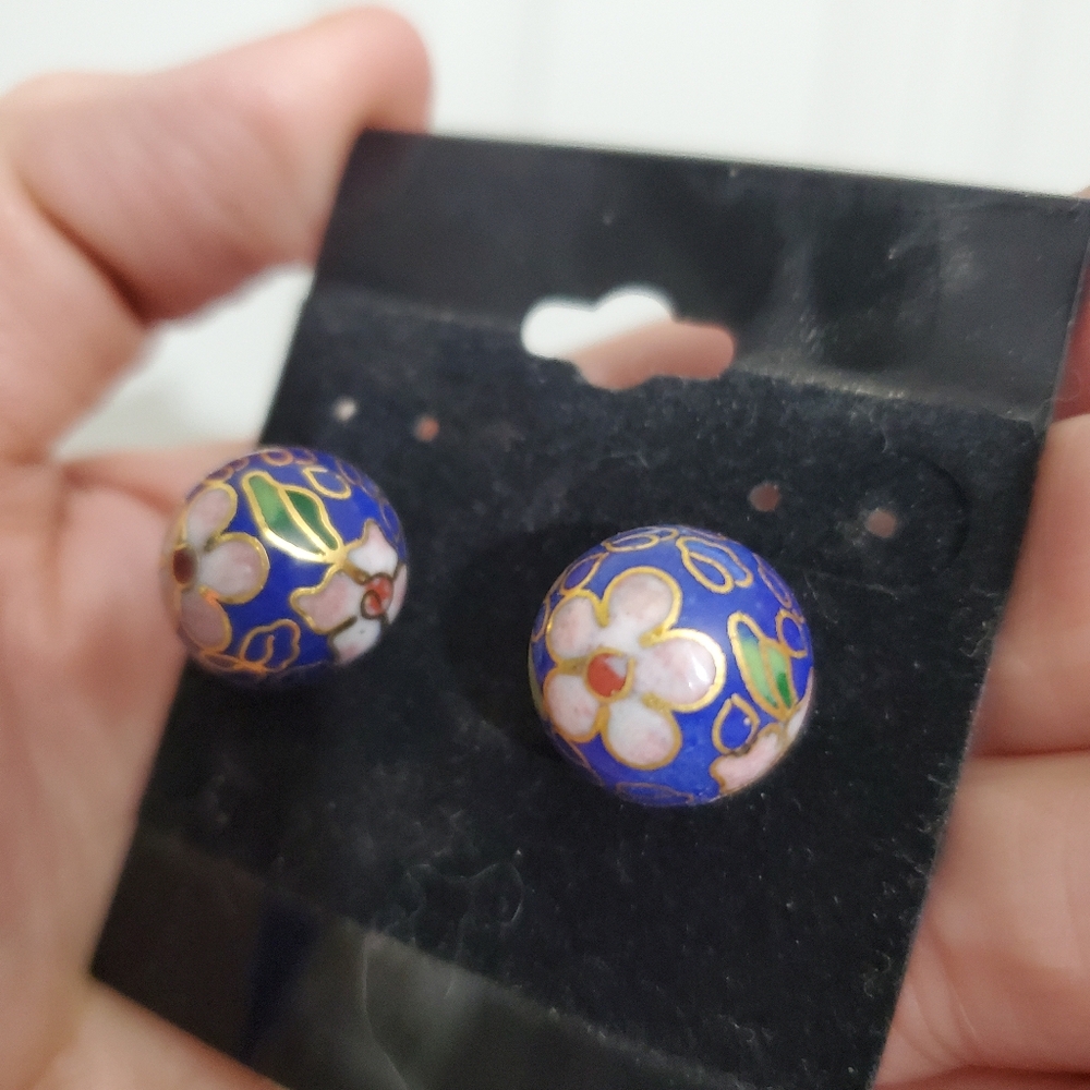 New VTG Cloisonne cobalt blue, gold & pink Floral Design Ball Pierced Earrings - Picture 4 of 5